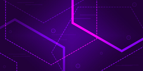 Digital technology concept background. geometric symbol style. hexagon  circle and square, glowing on dark purple background