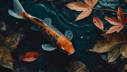Obraz na płótnie Canvas koi fish and autumn leaves on a background of water vector illustration generate ai