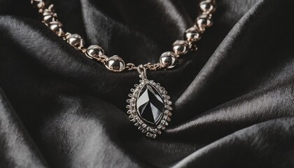 luxury jewelry platinum necklace with diamonds on dark silk fabric close up golden necklace in the store beautiful diamond pendant necklace jewelry showcase selective focus