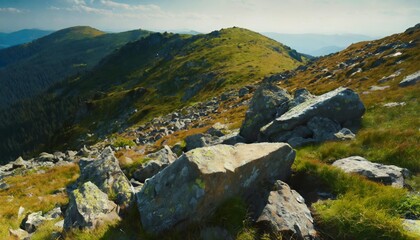 Fototapeta na wymiar stones and boulders on the grassy alpine hillside mountainous carpathian landscape of ukraine in summer on an sunny day