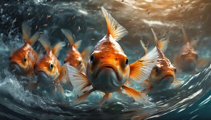 small brave goldfish with shark fin costume leading others through stormy seas leadership concept