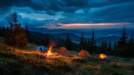 Mountain campsite under starry night sky, camping adventure. Breathtaking night scenery, camping trip in the wilderness.