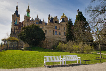 Blick auf den Park und das Schloss Schwerin, Mecklenburg Vorpommern, Deutschland	
