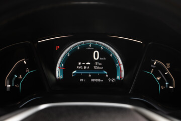 Mileage distance on the car dashboard digital speedometer car miles - obrazy, fototapety, plakaty