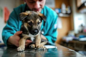 A veterinarian treatment a puppy, A veterinarian in a clinic, treating a puppy, Ai generated