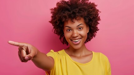 Happy woman gesturing with her finger - obrazy, fototapety, plakaty