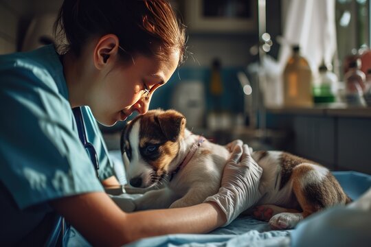 A veterinarian treatment a puppy, A veterinarian in a clinic, treating a puppy, Ai generated