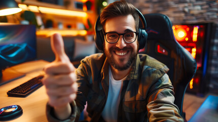 Fototapeta premium A man seated at his desk, flashing a thumbs-up sign with enthusiasm, adorned with headphones