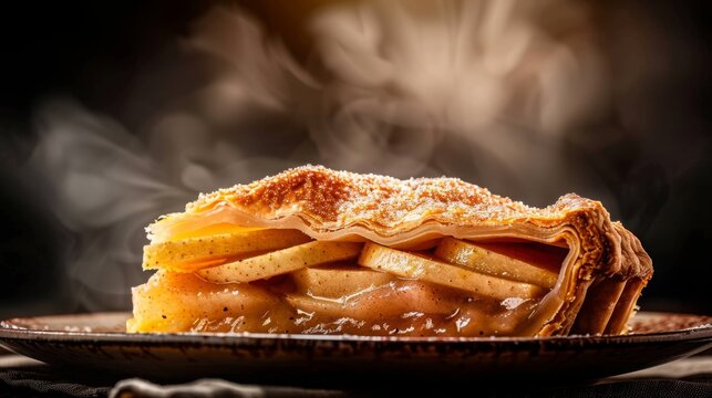 piece of homemade delicious apple pie on a plate on a dark background. Vertical image.
