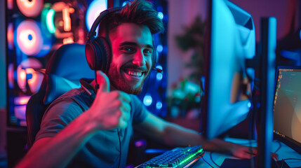 Obraz premium A man seated at his desk, flashing a thumbs-up sign with enthusiasm, adorned with headphones