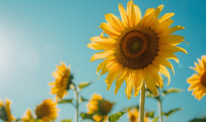 Sunflower field with clear blue sky, Generative AI 