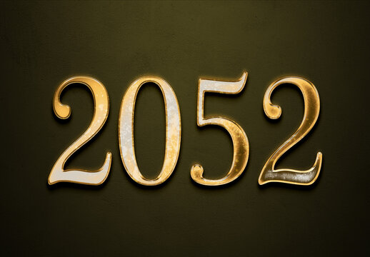 Old gold effect of 2052 number with 3D glossy style Mockup.	