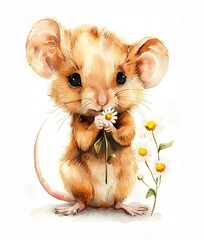 Cute watercolor little mouse holding daisy