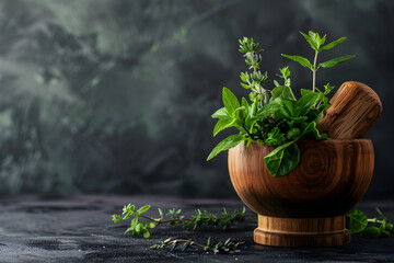 Fresh herbs in a wooden mortar on a gray background. Concept template banner with place for text, advertising spices, recipes, kitchen utensils. Healthy nutrition, important microelements.