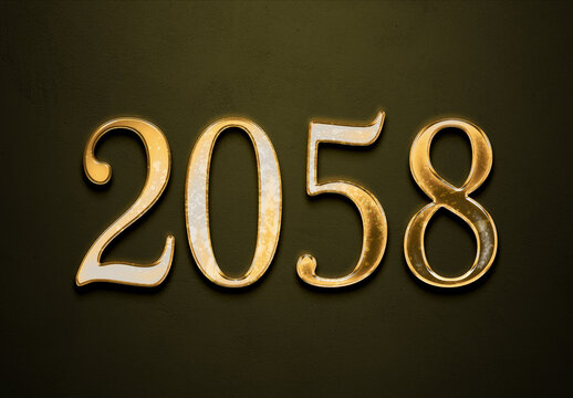 Old gold effect of 2058 number with 3D glossy style Mockup.	