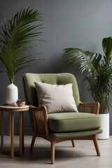 Moderne Wohnzimmergestaltung mit stilvollem grünen Sessel, Holztisch und eleganten Palmen gegen eine graue Wand