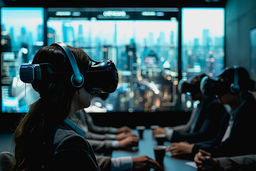 virtual reality conference room, participants wearing VR headsets to conferences