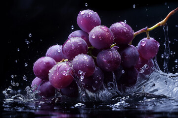 A bunch of ripe purple grapes, with water droplets. Generative aI. G002