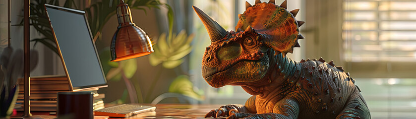 Triceratops in a chic outfit ponders algorithms before class starts, realistic ,  cinematic style. - obrazy, fototapety, plakaty