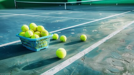 Tennis court with tennis balls in tennis ball basket stand by the baseline. Intentionally shot in surreal tone.