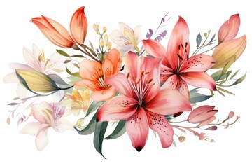 Obraz na płótnie Canvas Watercolor alstroemeria clipart featuring colorful blooms with speckled petals. flowers frame, botanical border, Delicate floral illustration for wedding, greeting cards, jewelry and other designs.