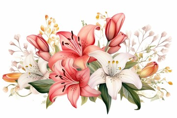 Obraz na płótnie Canvas Watercolor alstroemeria clipart featuring colorful blooms with speckled petals. flowers frame, botanical border, Delicate floral illustration for wedding, greeting cards, jewelry and other designs.