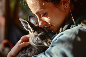 A wildlife rehabilitator nursing a baby kangaroo in Jangal, AI-generated - obrazy, fototapety, plakaty