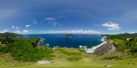 Seascape: Tropical island in the ocean. Palaui island, Cape Engano, Dos Hermanas island. Philippines. VR 360.