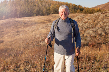 Attractive gray haired senior man hiking in forest using poles for nordic walking