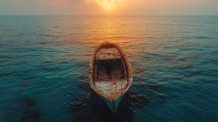 Old rustic boat on the sea at sunrise