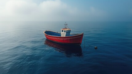 Single red fishing boat in the misty sea