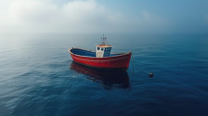 Fototapeta premium Single red fishing boat in the misty sea