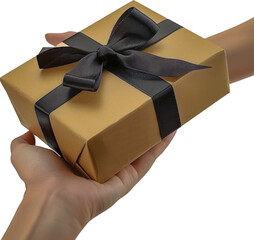 Hand holding golden gift box with red ribbon cut out png on transparent background