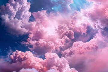 Pink and blue sky with clouds, a dreamy atmosphere with pink clouds against a starry background in the style of a fantasy style and dreamlike atmosphere, digital art presented in high resolution.