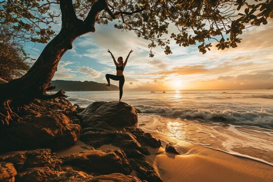 A yoga instructor performing a pose on a  beach, Ai generated