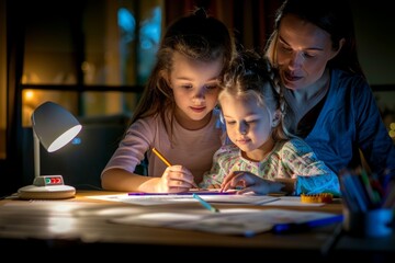 Two small girls are learning to draw or write at home with their mother in a cozy dark room at home