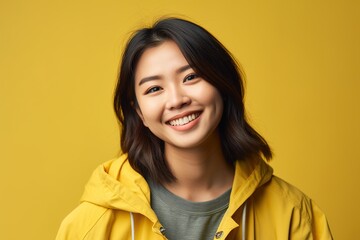 Fototapeta premium A woman with short hair is smiling and wearing a yellow jacket