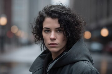 A woman with curly hair is standing in the rain
