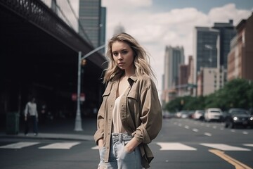 Fototapeta premium A woman in a tan jacket stands on a city street