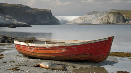 Wooden Skiff on Fjord with Seals