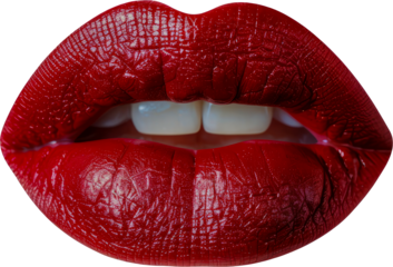 Close-up of red glossy lips cut out png on transparent background