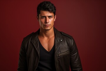 Fototapeta premium A man in a leather jacket is standing in front of a red background