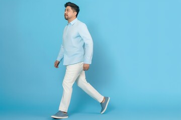 Fototapeta na wymiar A man in a blue shirt and white pants walks across a blue background