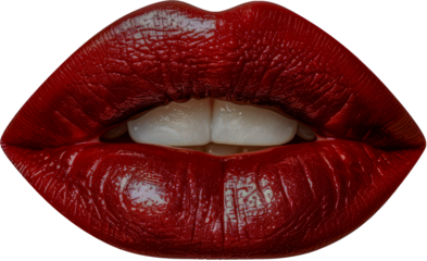 Close-up of red glossy lips cut out png on transparent background