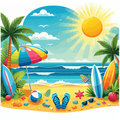 Fototapeta na wymiar summer beach illustration. Vector ocean sunset scenery. Colorful tropical beach landscape.