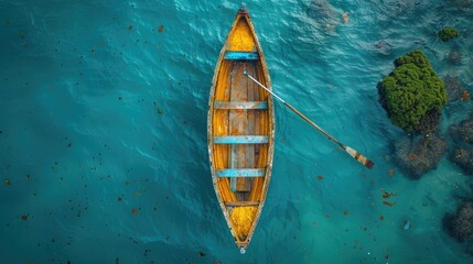 Aerial view of a wooden canoe with oar - obrazy, fototapety, plakaty