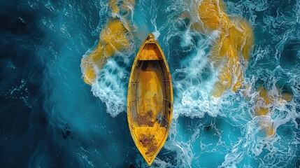 Wooden canoe amidst turbulent sea waves - obrazy, fototapety, plakaty