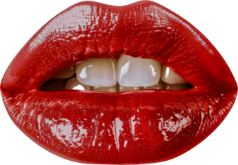 Close-up of red glossy lips cut out png on transparent background