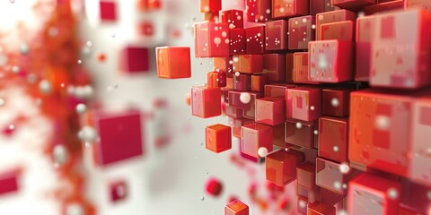 3D render of scattered cubes in shades of red with a dynamic abstract composition. - 781103750