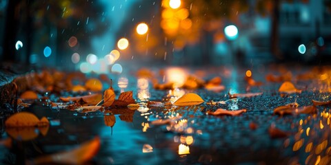 Rainy Night with Autumn Leaves on City Road